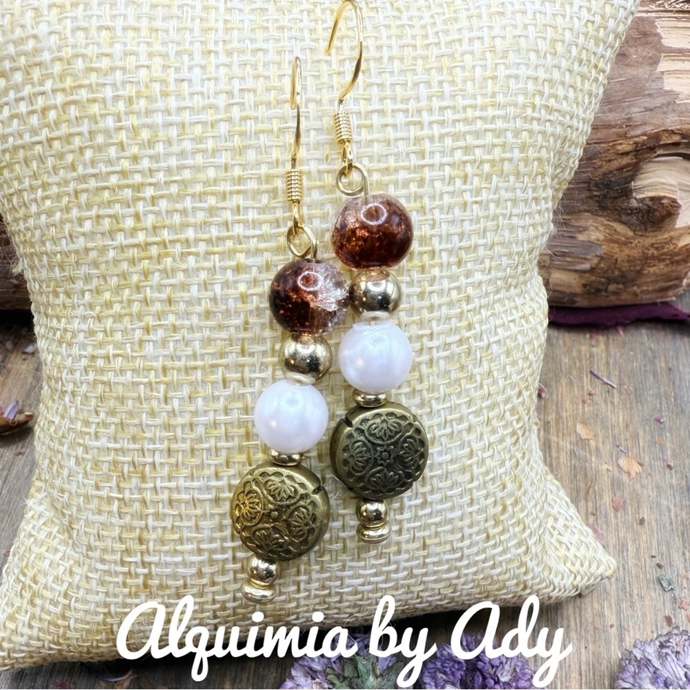 LONG VINTAGE + Gold and Brown Quartz Beaded Earrings